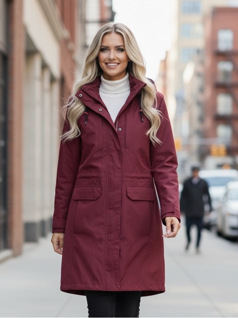 Lands end Burgundy Hooded Mid-Length Coat